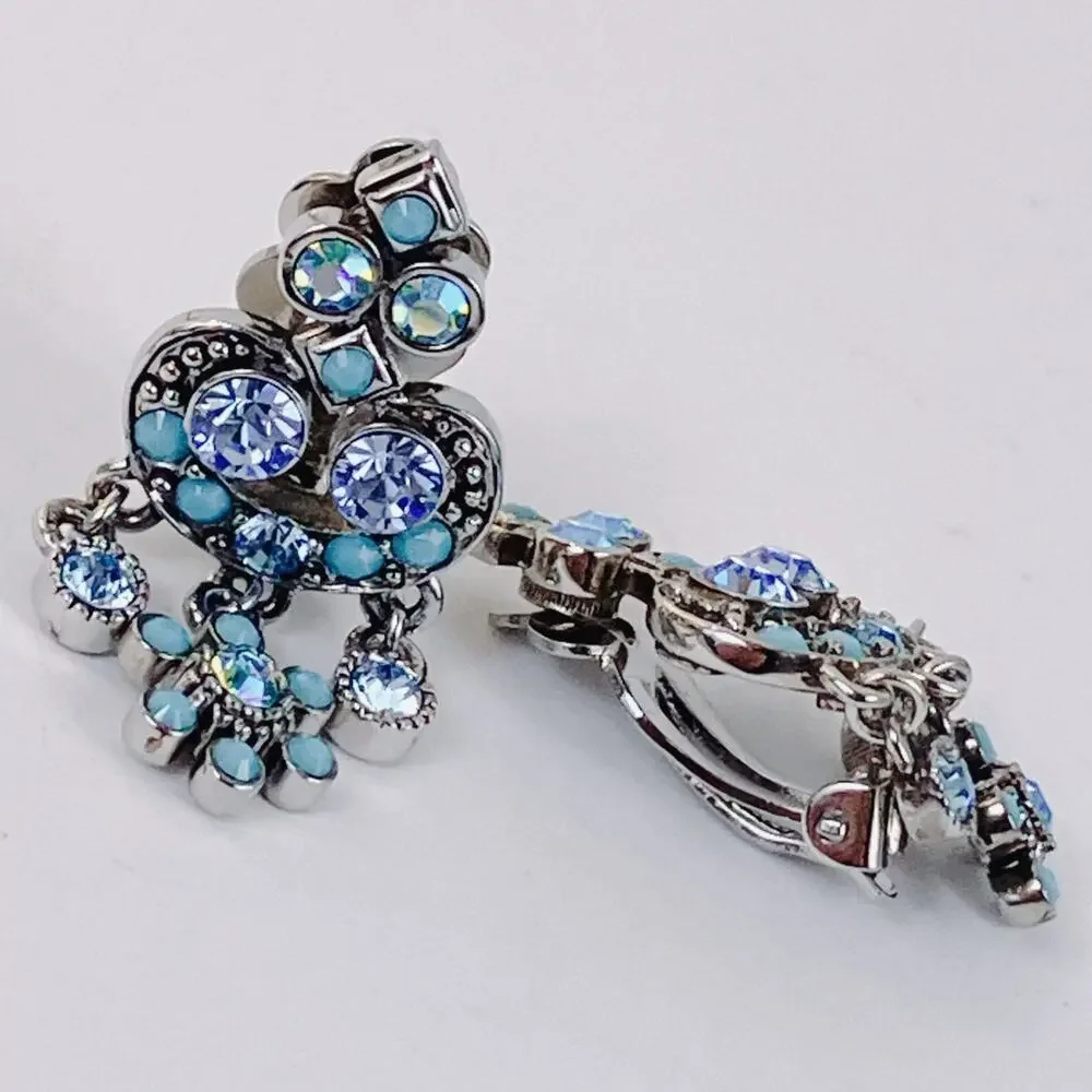 Signed Kirks Folly Blue Rhinestone Floral Chandelier Clip On Earrings Vintage
